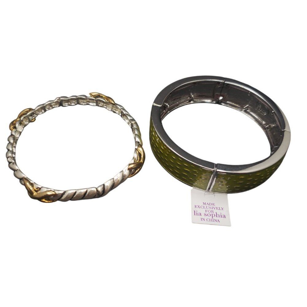 Two Lia Sophia Stretch Bracelets‎ Quench Gold Silver Green Pair  New NWT